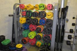 Jordon’s Weight Rack with Quantity of Various Rubber Coated Plates, Thirty-Three Barbell