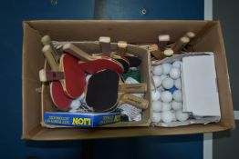 Box of Table Tennis Balls, Nets, and Paddles