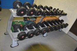 Dumbbell Rack ~205cm long Containing Pairs of Dumbbell Weights Varying from 1-27.5kg