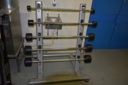 Set of Five Curling Weight Bars (Various Weights) and Stand
