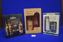 Three Single Malt Scotch Whisky Giftsets Including Glenmorangie, Glenfiddich, and Labhroaig