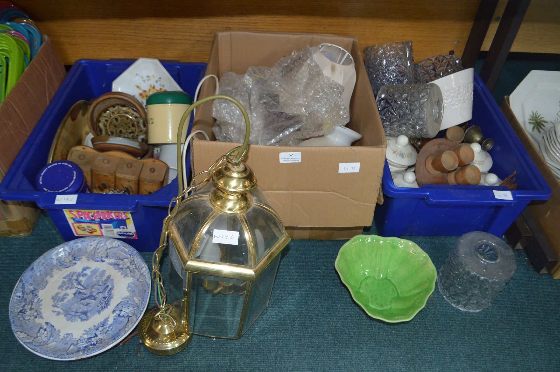 Three Boxes of Pottery, Glassware, Lamps, etc.