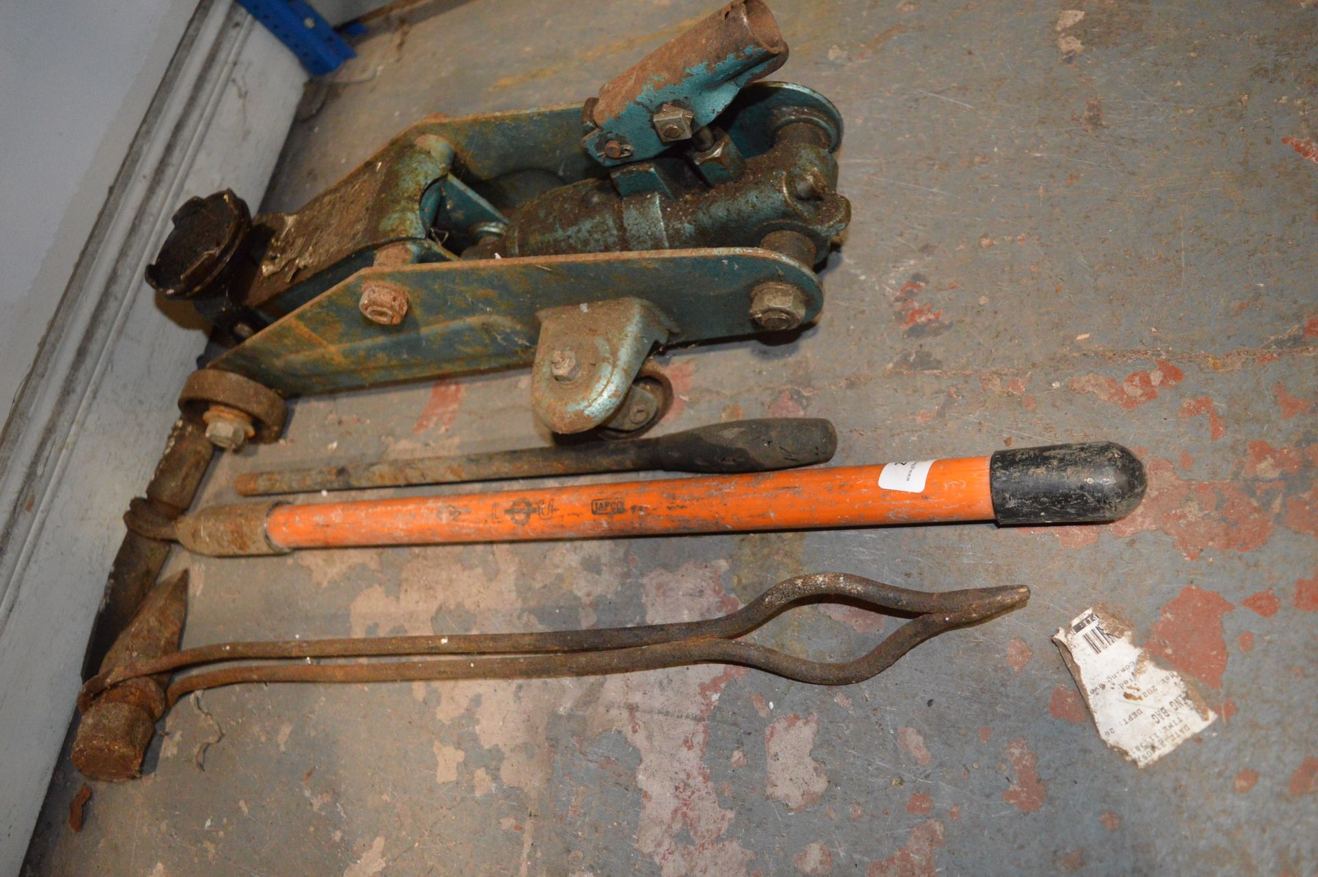 Two Coal Chisels with Extending Handles, and a Trolley Jack