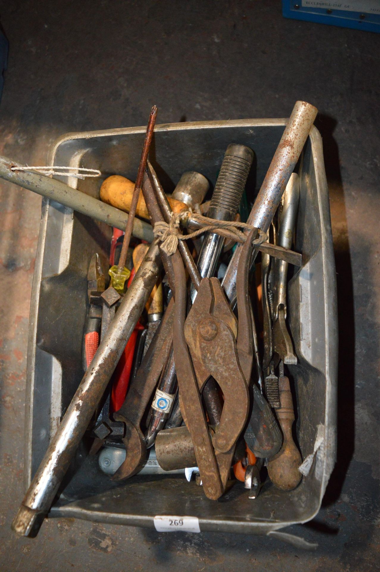 Mixed Box of Tools Including Wrenches, Screwdrivers, Pliers, etc.