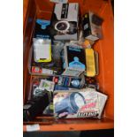 Box of Assorted Lighting, Screws, Wrenches, etc.