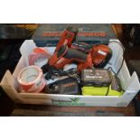 Two Hilti Drills, Black & Red Tape, Bosch Battery Charger, Ryobi Battery and Charger