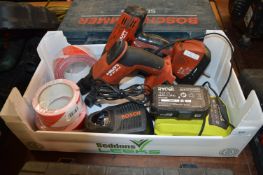 Two Hilti Drills, Black & Red Tape, Bosch Battery Charger, Ryobi Battery and Charger