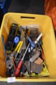 Box of Various Tools Including Screwdrivers, Knives, Shovels, etc.
