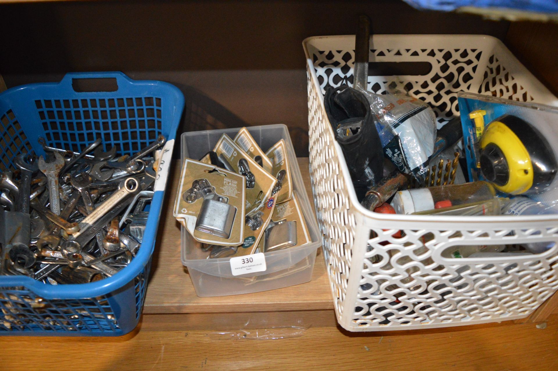 Contents of Shelf Including Spanners, Mini Hip Flasks, etc.