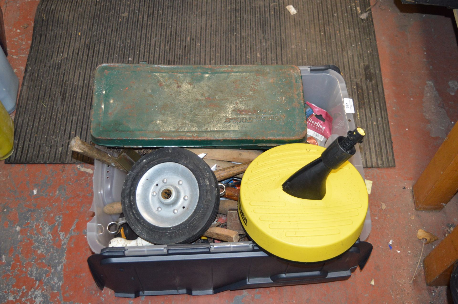 Mixed Box of Tools Including Hammers, Screwdrivers, Wheels, etc.