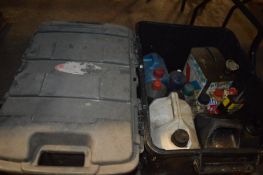Box of Part Used Liquids Including Motor Oil and Car Fluids