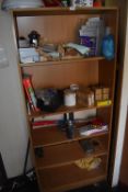 *Oak Open Front Bookcase Containing Assorted Warning Lamps, Airbed Pump, etc.