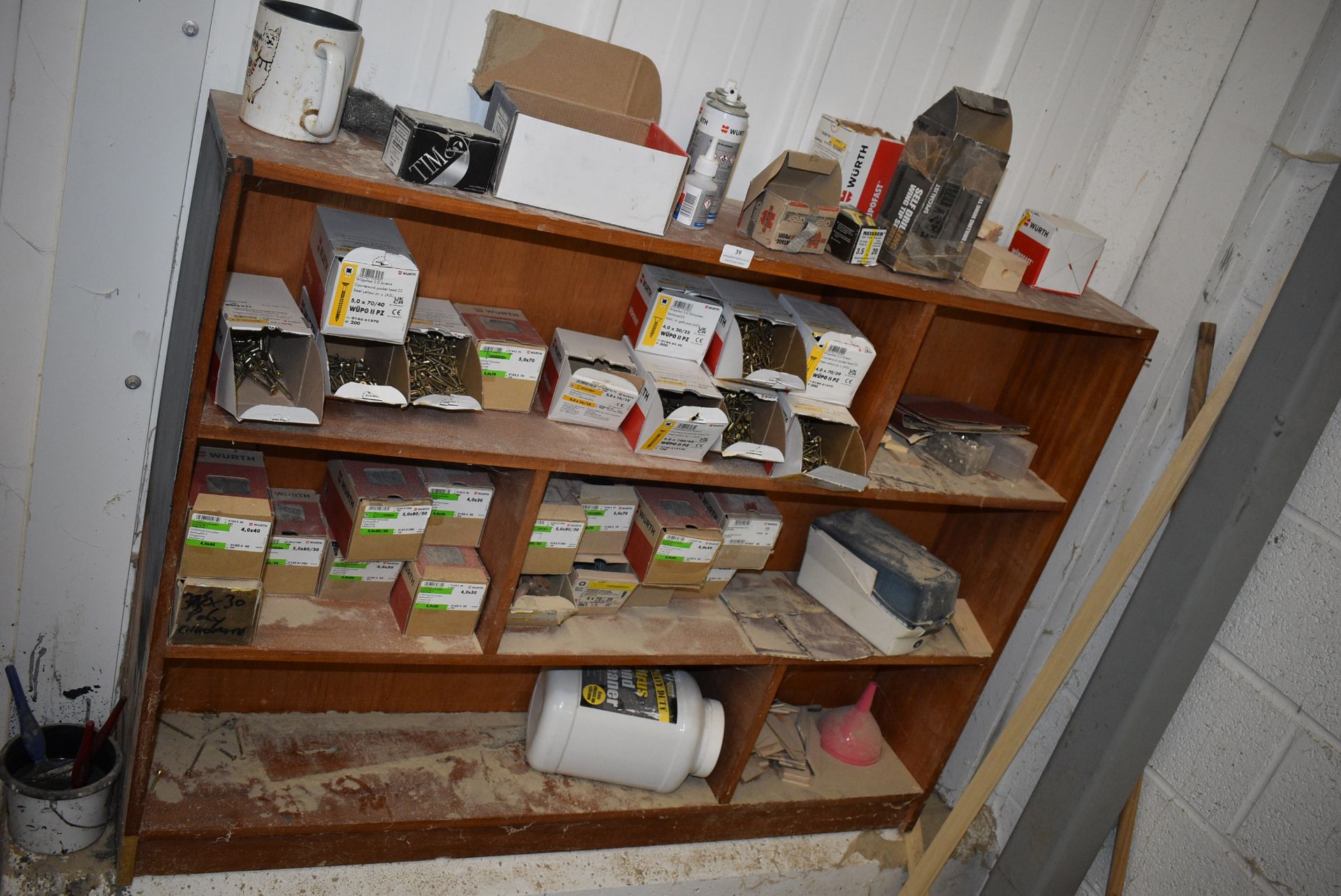 *Contents of Open Fronted Shelving Unit Including Various Wood Screws, Plugs, etc.
