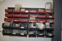 *Wall Rack Containing Plastic Storage Boxes of Assorted Fixings etc.