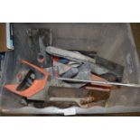 *Box of Assorted Builder’s Tools to Include Floats, Heated Adhesive Trowels, Hand Saws, etc.