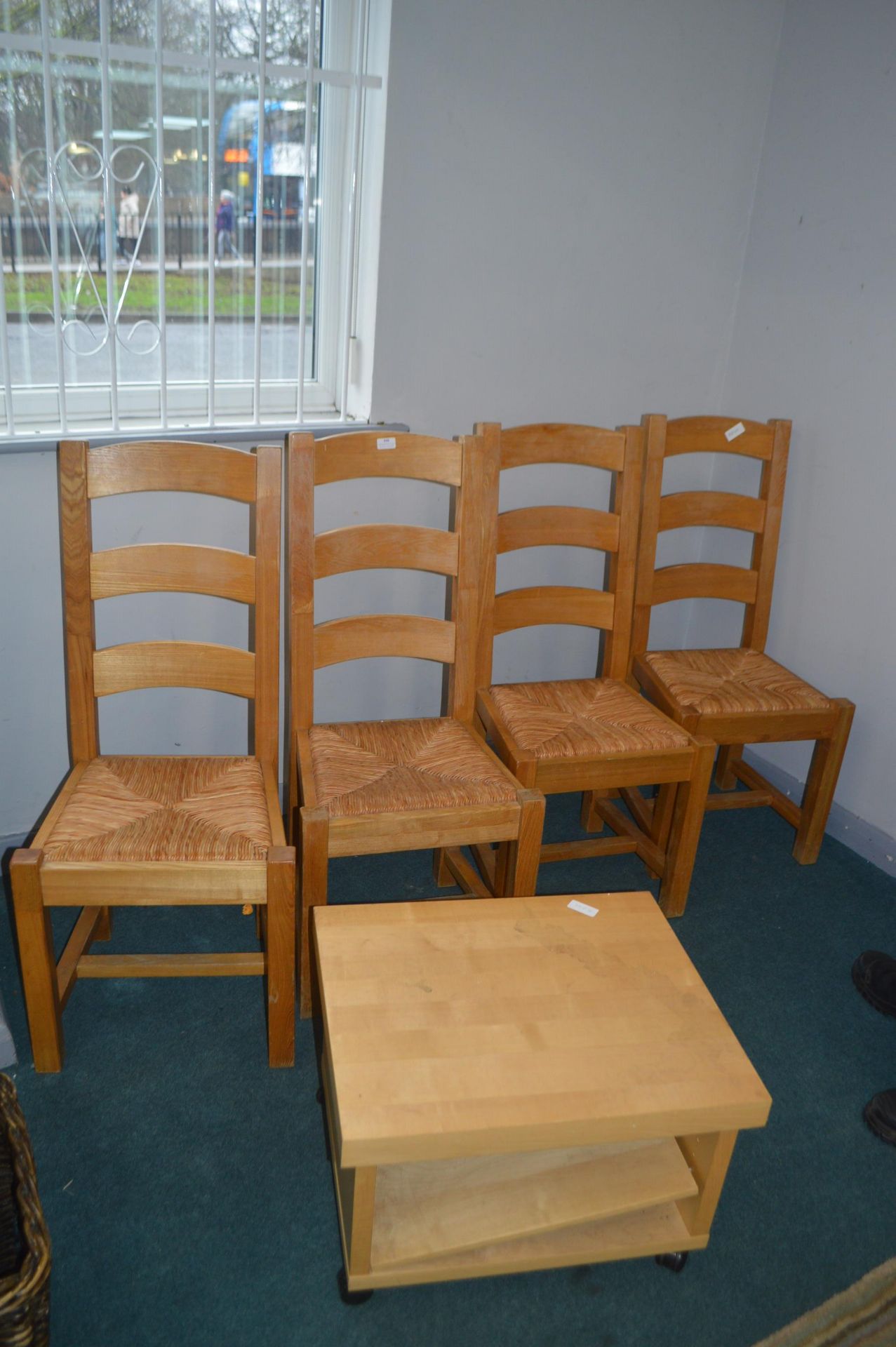 *Four Kitchen Chairs with Rush Seats and Wheeled C