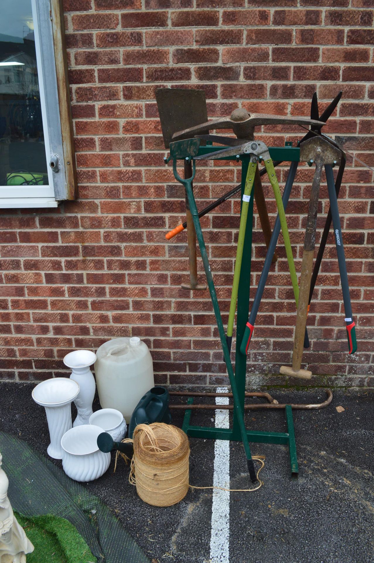 Garden Tools, Planters, Watering Can, etc. (stand