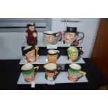 Nine Vintage Character Jugs by Royal Doulton, etc.