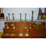 Six Pairs of Brass Candlesticks plus Kettle etc.