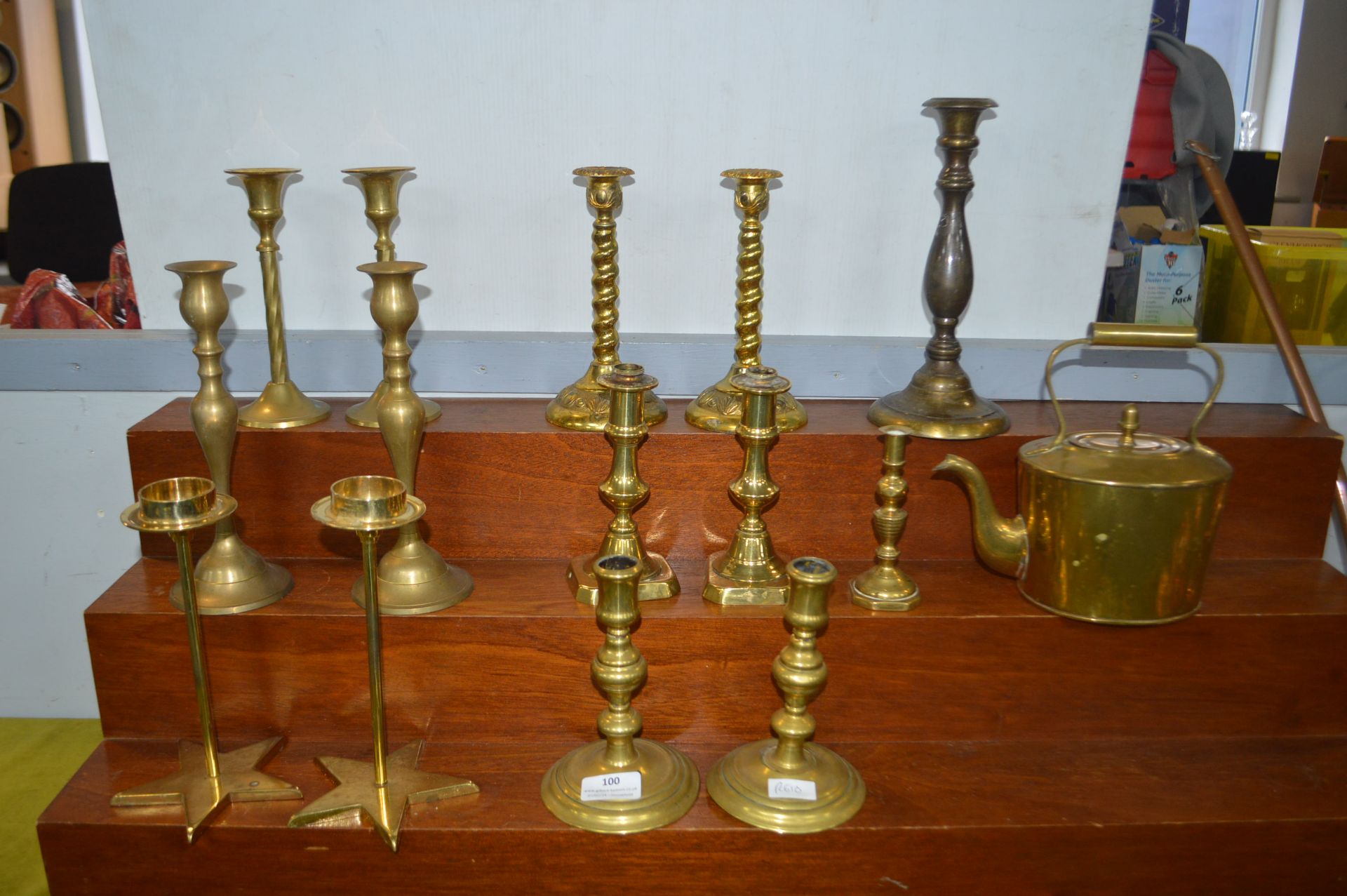 Six Pairs of Brass Candlesticks plus Kettle etc.