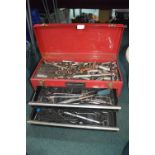 Metal Toolbox Containing Socket Set, Spanners, etc