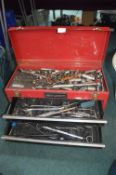 Metal Toolbox Containing Socket Set, Spanners, etc