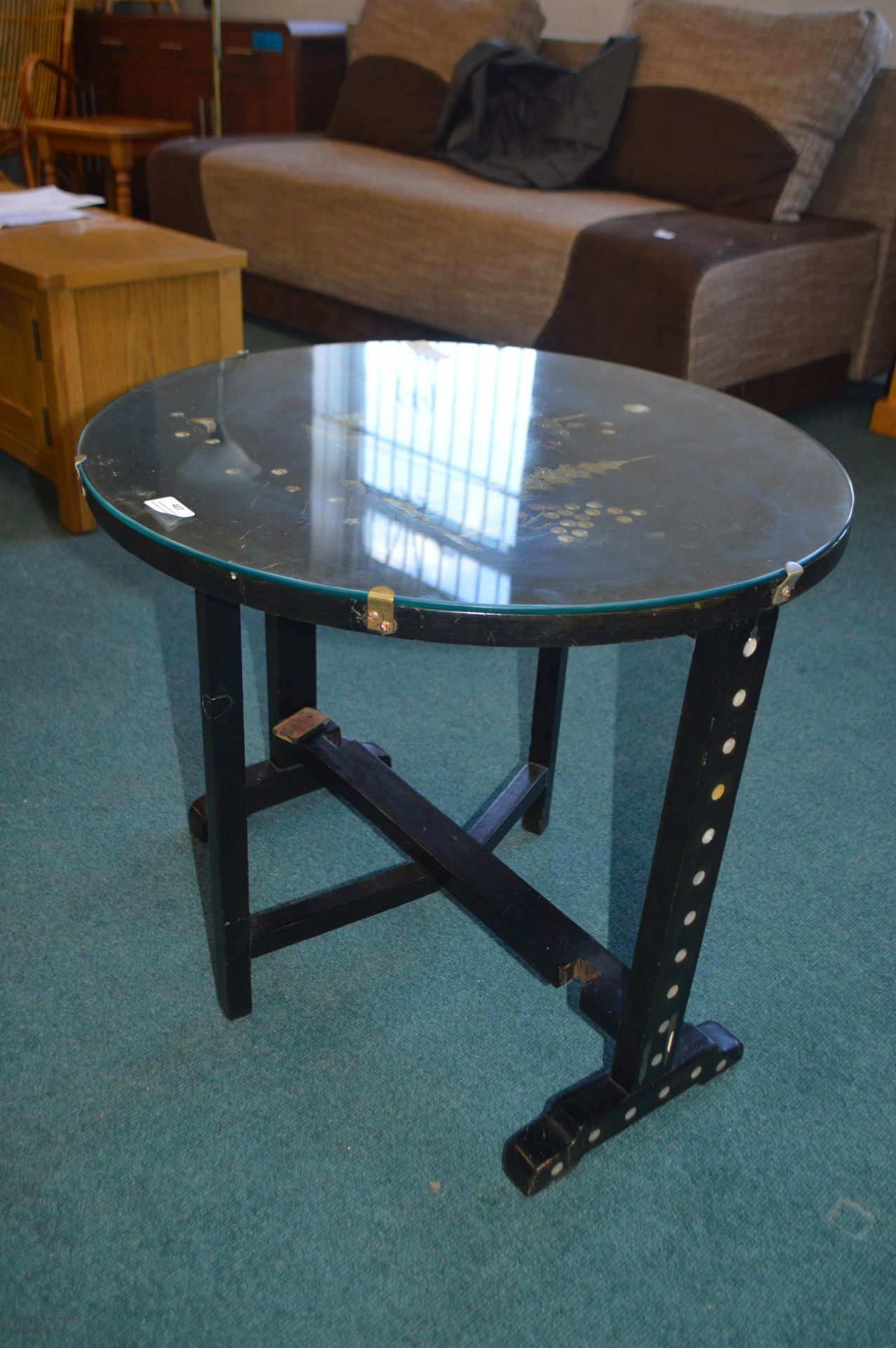 Oriental Folding Glass Topped Table with Mother of - Image 2 of 2