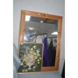 Pine Framed Mirror and a Woolwork Picture