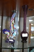 Murano Glass Cockerel and a Purple Vase