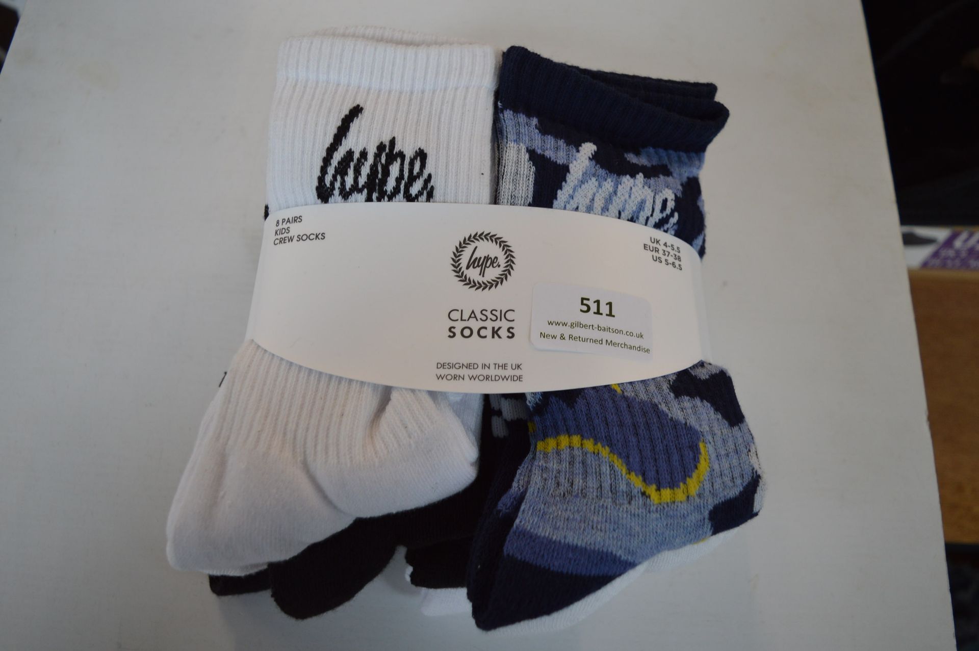 Eight Pairs of Hype Kid's Crew Socks Size: 4-5.5