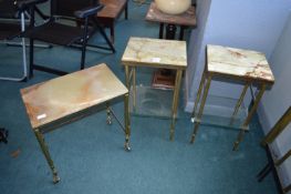 Pair of Marble Effect Tables with Glass Shelves, p