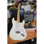 *Fender Electric Guitar Kit Comprising Squier Scatter Caster, Frontman Amp, etc.