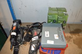 Mixed Lot Including Angled Grinder, Sander, Hole Cutters, Drill Bits, and Drinks Bottles