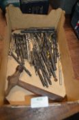 *Box of Various Straight Shank Drills, and an Antique Hammer