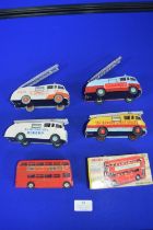 Boxed Dinky Bus and Four Code 3 Dinky Fire Engines