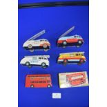 Boxed Dinky Bus and Four Code 3 Dinky Fire Engines