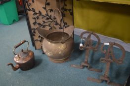 Pair of Wrought Iron Fire Dogs, Copper Kettle, Bra