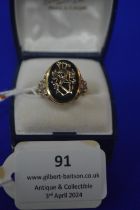 9ct Gold Ring with Armoured Knight Emblem on Onyx Size: Q ~7.4g gross