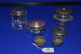 Four Glass Jars with Silver Lids and a Pair of Silver Salts ~145g Total Silver Weight