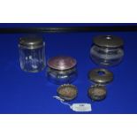 Four Glass Jars with Silver Lids and a Pair of Silver Salts ~145g Total Silver Weight