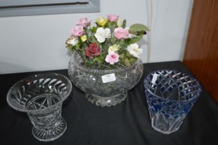 Three Cut Glass Vases with Pottery Flowers