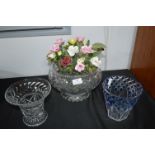 Three Cut Glass Vases with Pottery Flowers