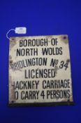 Bridlington Hackney Carriage Racing License Sign No. 34