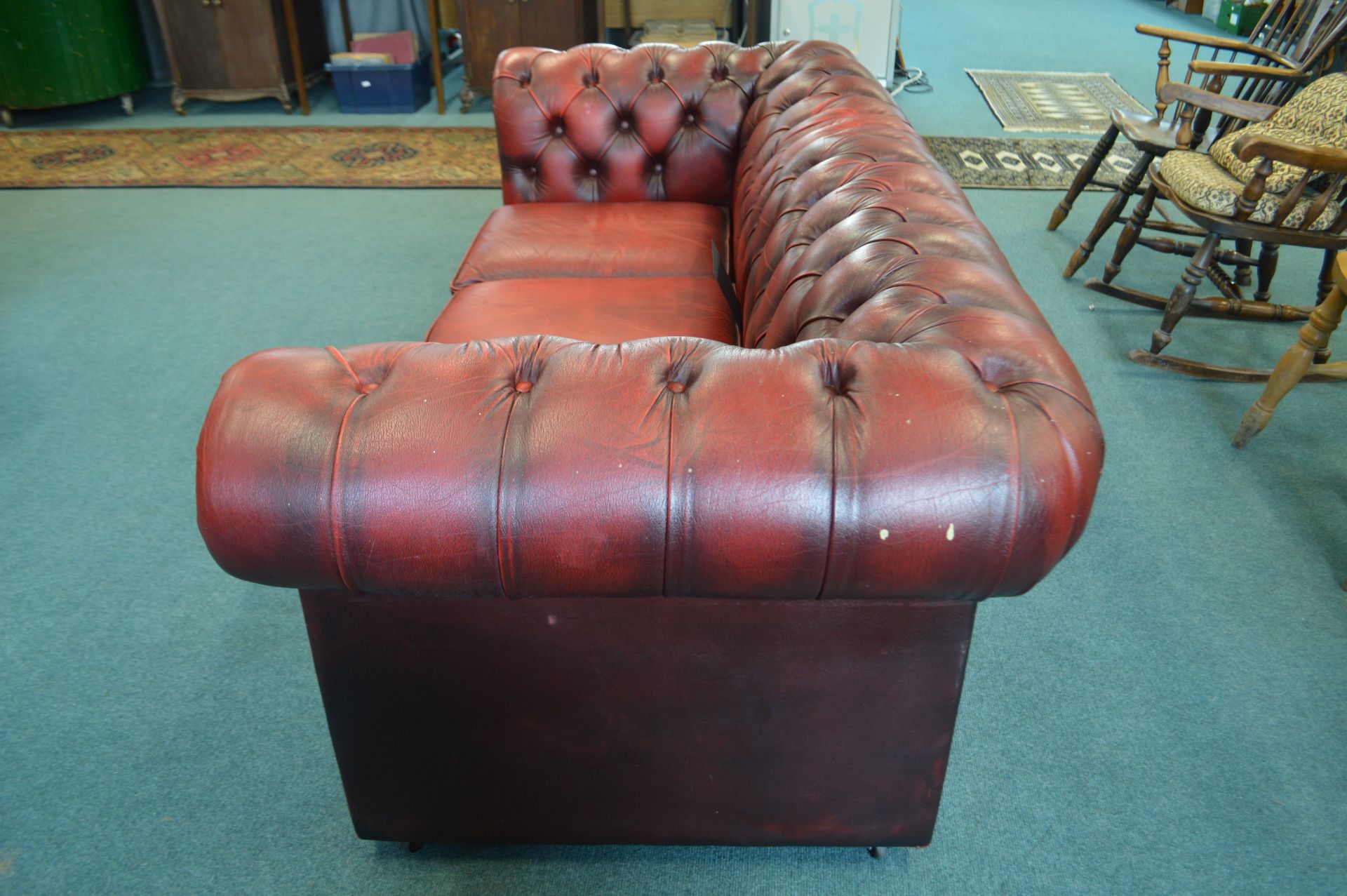 Red Leather Chesterfield Three Seat Sofa (A/F) - Image 6 of 6