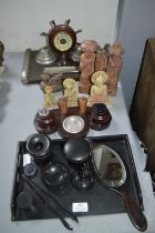 Ebonised Dressing Set, Ink Stand, plus Carved Orie