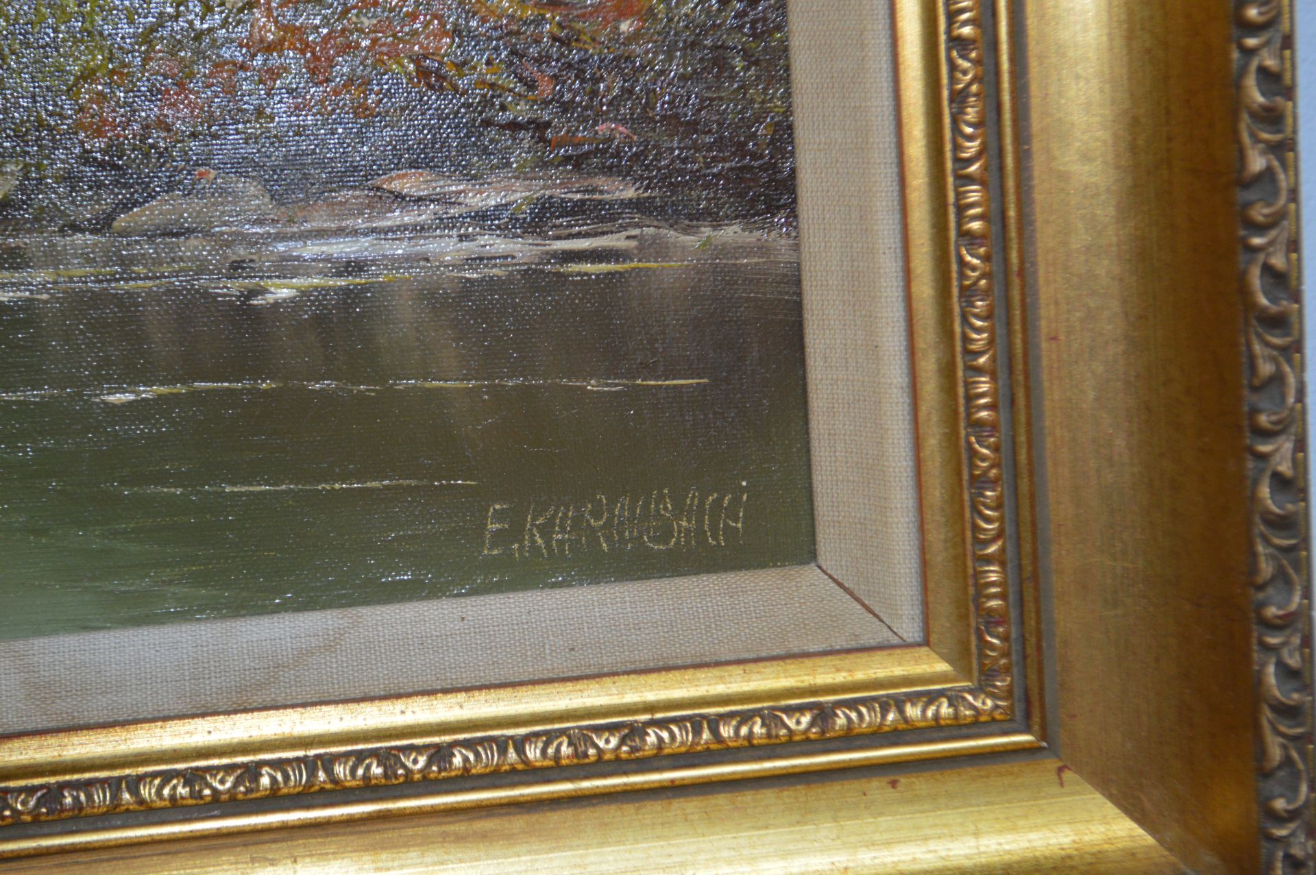 Framed Oil on Canvas Lakeside Mountainscape by E. - Image 2 of 2