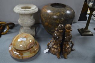 Marble Bowl, Lidded Dish, Bookends, and a Vase
