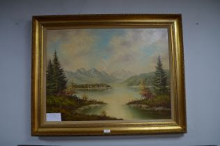 Framed Oil on Canvas Lakeside Mountainscape by E.