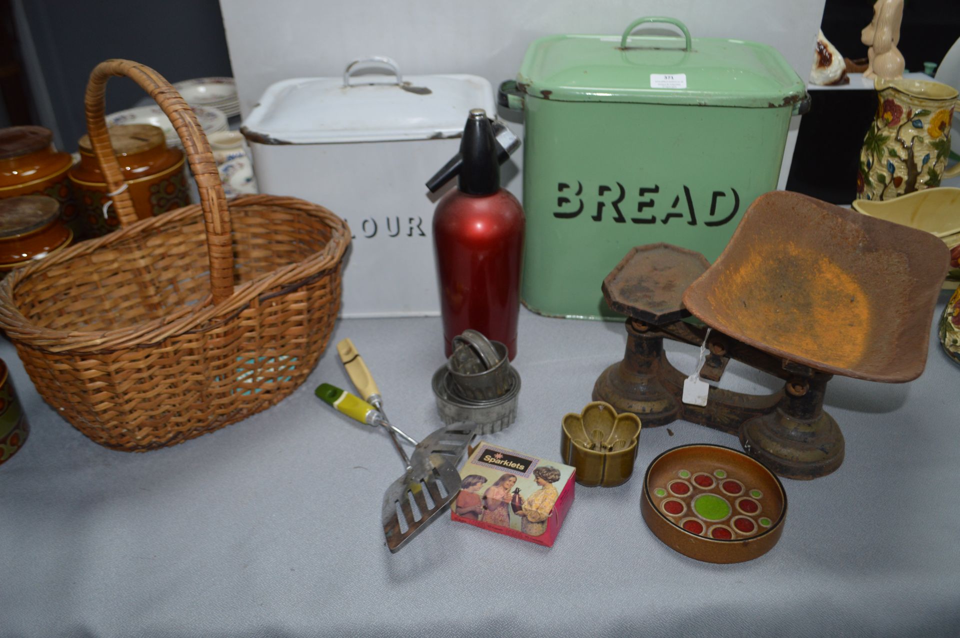 Kitchenalia Including Enamel Bread Bins, Scales, B