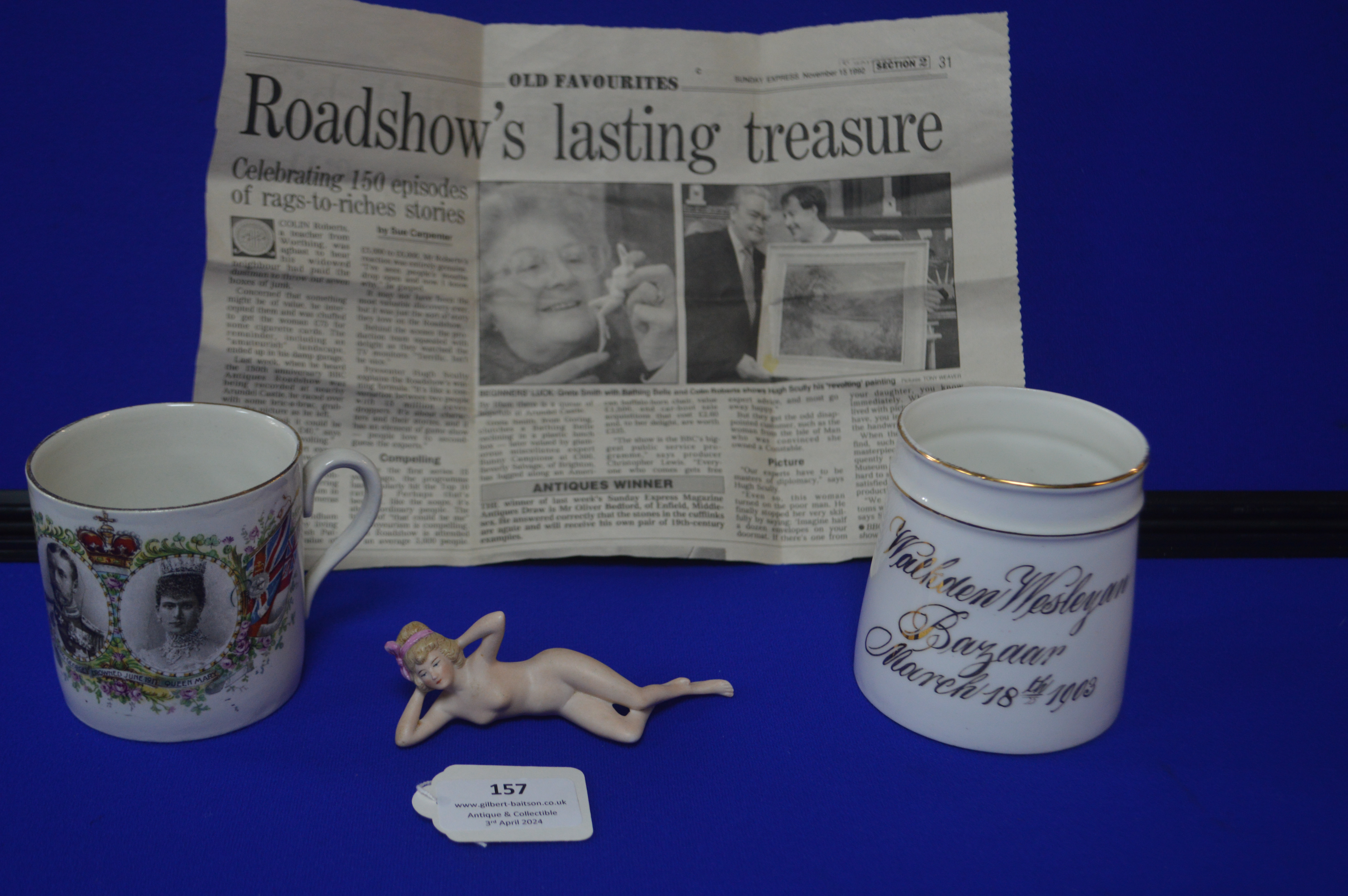 Bisque Porcelain Nude Bathing Belle plus Commemorative Mugs